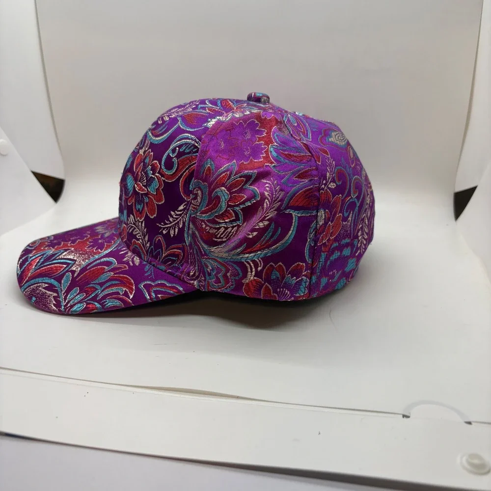 Purple Floral Brocade Baseball Cap Metallic Satin Adjustable Strap Hat